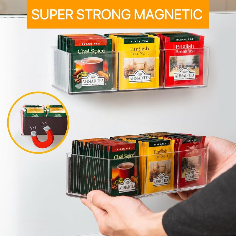 TECKEEN Magnetic Tea Bag Organizer Holds up to 60 Tea Bags, Tea Organizer with 3 Compartments, Extra Strong Magnetic Fridge Tea Box Strong Tea bag Holder for Refrigerator (Acrylic, Magnet) - Image 4